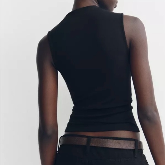 Zara Sleeveless Ribbed Knit Mock Neck Tops Black White Small Casual Fitted Chic - Picture 3 of 15